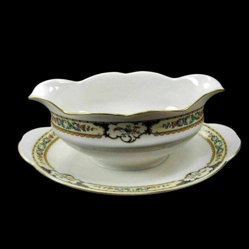 Thomas Bavaria Golden Pheasant Gravy Boat Attached Underplate‎ Gold Trim Antique